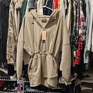 POPFLEX Taupe Zip Up Jacket Hoodie Dress